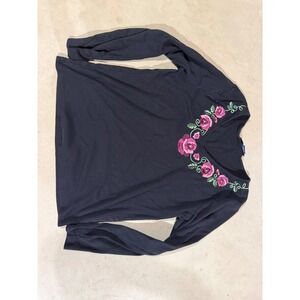 Karen Scott Black V-Neck Long Sleeve Top Pink Floral Rose Embroidery Size M